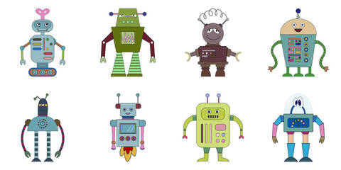 A set of eight multi-colored robots on a white background. Children's robo background. Color cute childish drawing.