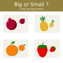 Appropriate children's educational game. Find where the big and small  fruites is. Activities for preschool children and toddlers