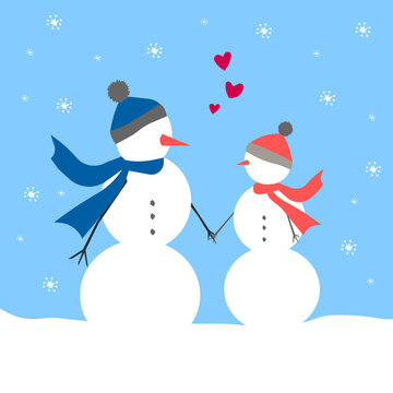Illustration of two cute snowmen in love holding hands jpeg image  jpg illustration 