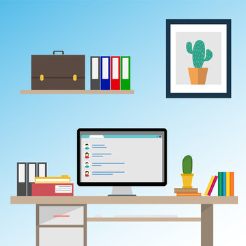 illustration of workplace with flat style design elements Desktop, flat design, office interior, home office. Working online from home. work it home 

