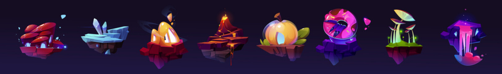 Fantasy flying islands, land platforms for 2d ui game design. Vector cartoon set of floating islands with volcano, lava, magic crystals, ice, waterfall, pumpkin, mushroom and witch hand holding donut © klyaksun