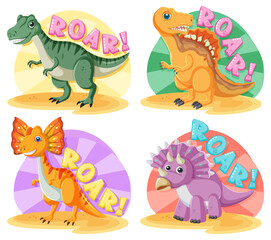 Set of cute dinosaur cartoon characters