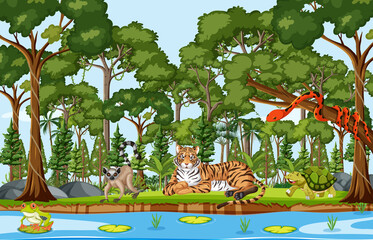 Wild animals cartoon characters in the forest scene