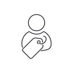 Man and price tag. The cost of an employee. Recruitment and selection of staff. Vector linear icon isolated on white background