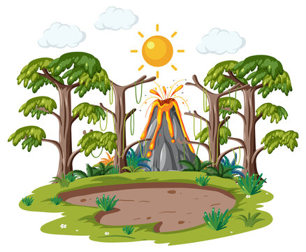 volcano erupting in forest scene with trees clip art preview
