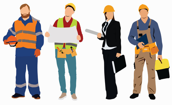 set of construction workers, engineer, male and female