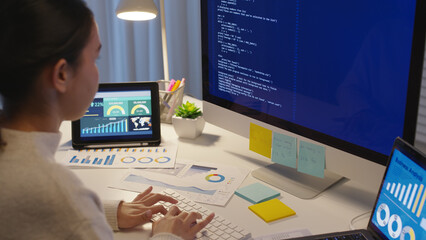 Asia people MBA college woman work busy at late night home office online study on laptop typing coding search data for future job career reskill upskill in workforce IT cyber remote virtual learn.