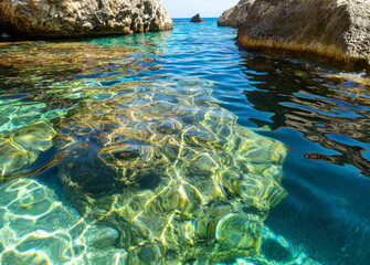 Fototapeta na wymiar Summer day, with a tropical reef looking like liquid gold under the blue crystal clear sea water.