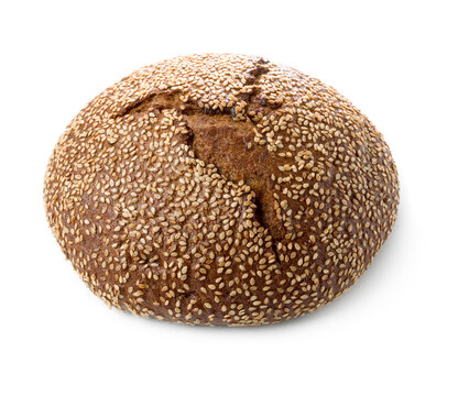Loaf of black bread with sesame isolated on white background.