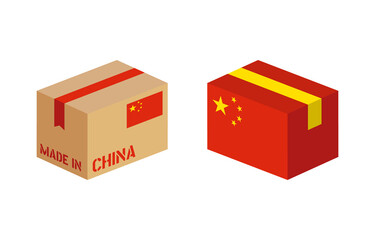 box with China flag icon set, cardboard delivery package made in China