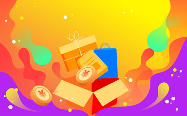 Boys and girls are shopping with shopping bags, 618 e-commerce shopping festival, vector illustration