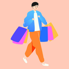 Boys and girls are shopping with shopping bags, 618 e-commerce shopping festival, vector illustration