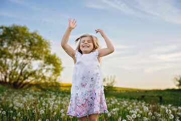 Naklejka na ściany i meble Adorable cute little preschool girl on a dandelion flower on the nature in the summer. Happy healthy beautiful toddler child with flowers, having fun. Bright sunset light, active kid.