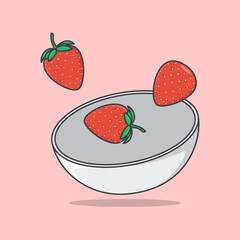 Bowl Of Strawberry Cartoon Vector Illustration. Strawberry Fruit Flat Icon Outline