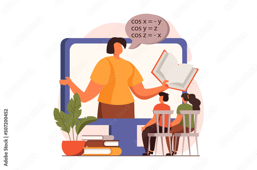 Aufkleber online education web concept in flat design. teacher explains lesson on computer screen, boy and gir