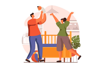 Newborn child in young family web concept in flat design. Happy dad and mom playing with infant at home. Father and mother take care of small kid at bedroom. Vector illustration with people scene