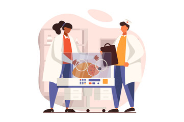 Newborn child in hospital incubator box web concept in flat design. Doctor and nurse examining newborn baby boy or girl in neonatal intensive care medical clinic. Vector illustration with people scene