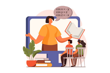 Online education web concept in flat design. Teacher explains lesson on computer screen, boy and girl students are listening webinar while sitting in classroom. Vector illustration with people scene