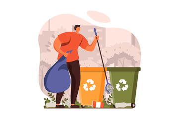 People collecting garbage web concept in flat design. Man gathering waste in bag, sorting trash into recycling bins. Volunteer cleaning nature from rubbish. Vector illustration with characters scene
