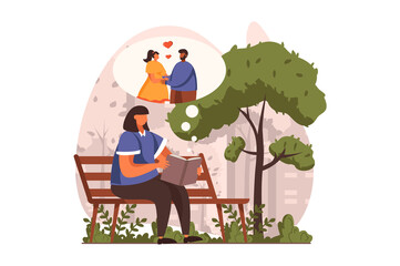 People reading book web concept in flat design. Woman reads romantic story while sitting on park bench. Literature lover spends time with book outdoors. Vector illustration with characters scene