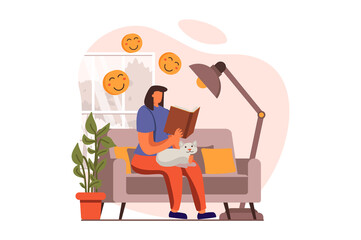 People reading book web concept in flat design. Woman enjoys novel while sitting in sofa with cat at living room. Literature lover spends time with book. Vector illustration with characters scene