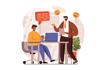 People sit in gadgets web concept in flat design. Man browsing sites using smartphone office. Colleagues chatting online and sharing content each other. Vector illustration with characters scene