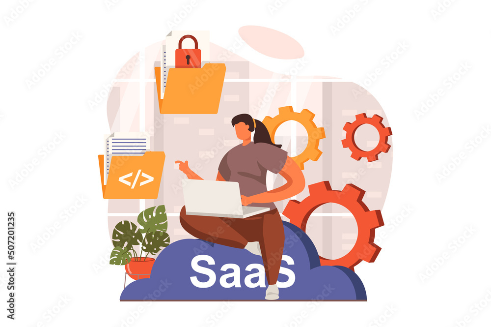 Poster SaaS web concept in flat design. Woman working at laptop and using programs and services purchased by subscription. User works with cloud technologies. Vector illustration with characters scene