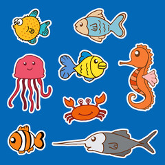 set of cute sea animal icon. hand drawn vector. doodle marine life for kids, sticker, clipart, poster, card, label, wall decoration. fish, jellyfish, crab and seahorse illustration on blue background.