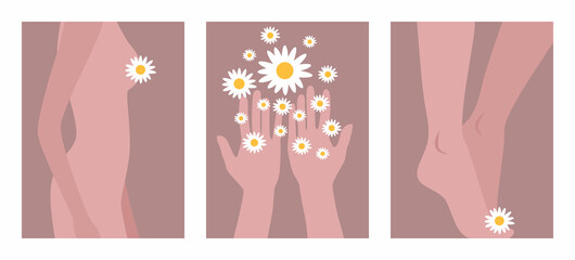 Parts of a beautiful female body. Body, arms, legs with daisies. A symbol of femininity and beauty. Body positive. Vector flat illustration.