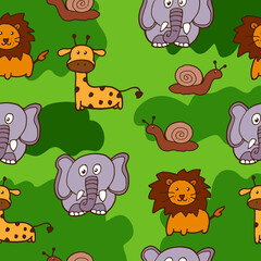 set of cute baby animal icon on green background. seamless pattern with animal illustration. lion, elephant, giraffe and snail. hand drawn vector. doodle art for kids, wallpaper, wrapping paper,fabric