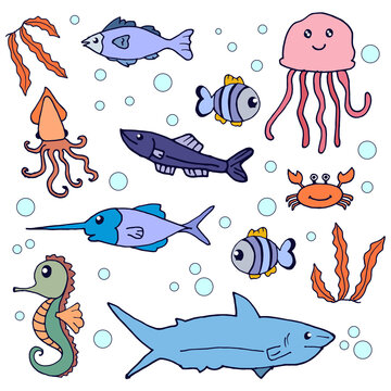 set of cute sea animal icon. seaweed, jellyfish, fish, shark, crab and seahorse illustration with bubbles on white background. hand drawn vector. doodle art for kids, clipart, poster, card, sticker. 