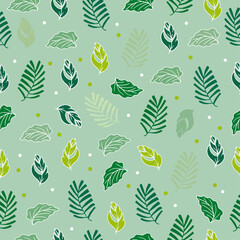 foliage icon. seamless pattern with leaves illustration on green background. hand drawn vector. cute leaf. doodle art for wallpaper, wrapping paper and gift, backdrop, fashion print, fabric, textile. 