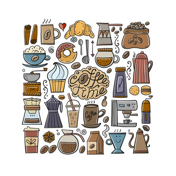 Coffee doodles icons set. French press, cup of coffee, latte, cappuchino, espresso, grinder, pots, coffee beans, sweets