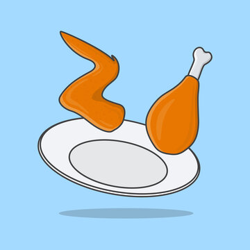 Fried Chicken On A Plate Cartoon Vector Illustration. Fried Chicken Flat Icon Outline