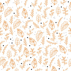 vintage floral background. seamless pattern with beautiful leaves illustration isolated on white background. brown outline, hand drawn vector. fashion printing, fabric, wallpaper, wrapping paper. 