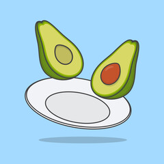 Pieces Of Avocado Fruit On A Plate Cartoon Vector Illustration. Avocado Fruit Flat Icon Outline