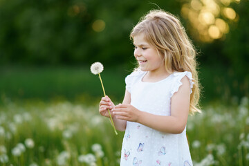 Adorable cute little preschool girl blowing on a dandelion flower on the nature in the summer. Happy healthy beautiful toddler child with blowball, having fun. Bright sunset light, active kid.