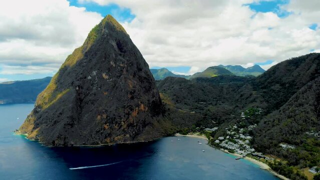 St Lucia Caribbean, Huge pitons drone view at Saint Lucia sugar beach St Lucia mountains at the beach with clear ocean