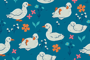 Seamless pattern with cute ducks and flowers. Vector graphics.