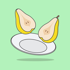 Pieces Of Pear Fruit On A Plate Cartoon Vector Illustration. Pear Fruit Flat Icon Outline