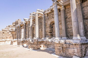 Remains of columns at Devlet Agorasi in Side, Turkey