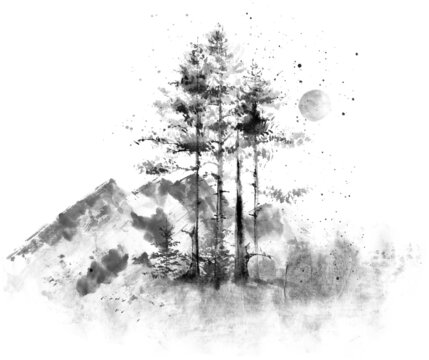 Sumi-e painting - atmospheric landscape of mountains and trees.