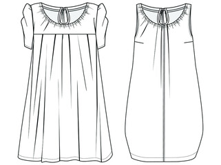 girls nightie flat sketch vector illustration. nightwear apparel template cad mockup. isolated on white background.