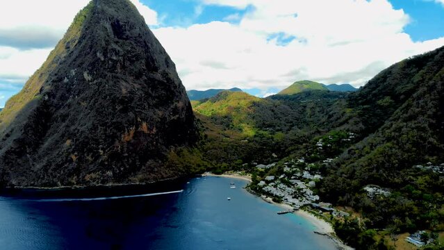 St Lucia Caribbean, Huge pitons drone view at Saint Lucia sugar beach St Lucia mountains at the beach with clear ocean
