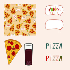 Collection of pizza hand drawn seamless vector pattern, text, pizza slice, glass with beverage, text box