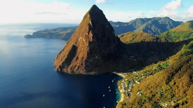 St Lucia Caribbean, Huge pitons drone view at Saint Lucia sugar beach St Lucia mountains at the beach with clear ocean
