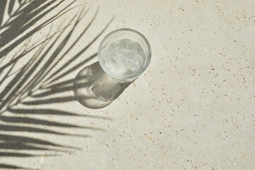 Trend glass of sparkling water from glass with palm leaf shadows on travertine stone background. Summer drink at sunlight. Minimal top view