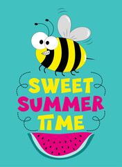 Sweet Summer Time - cute bee and watermelon slice. Good for textile print, poster, card, label, and other decoration.
