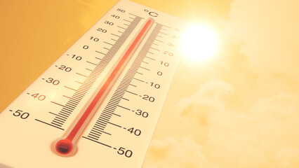 Global warming background with thermometer in summer weather	 - obrazy, fototapety, plakaty