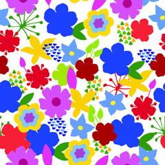 Hand drawn seamless vector pattern, bright flowers, leaves, abstract elements. Endless texture for decoration, stationery, textile, invitations, wrapping paper